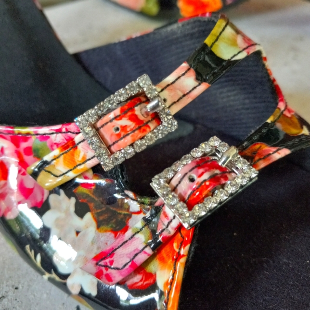 Floral Patent Mary Jane Heels with Rhinestone Buckles - Multi